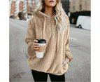 Ladies Winter Warm Comfy Teddy Bear Hooded Sweatshirt Quarter Zip Long Sleeve Fluffy Fleece Hoodies Pullover Casual - Apricot