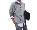 Women's Jumper Floral Printed Knit Sweatshirt Pullover Sweater Round Neck Knittwear Tops - A