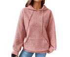 Women Ladies Casual Drawstring Hoodies Pullover Long Sleeve Waffle Quilted Sweatshirt Hoody With Front Pocket - Pink