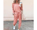 Ladies Women Solid Comfy Casual Long Sleeve T-Shirts Blouse Top with Pants Loungewear Outfits Tracksuit Sportswear - Pink