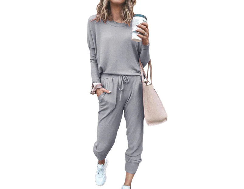 Ladies Women Solid Comfy Casual Long Sleeve T-Shirts Blouse Top with Pants Loungewear Outfits Tracksuit Sportswear - Light Gray