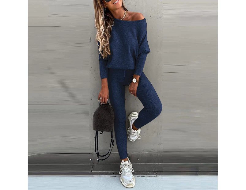 Women's One Shoulder Sweatshirt Pullover T-shirt Top and Jogger Pants Trousers Tracksuit Set Loungewear Casual - Dark Blue