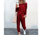 Ladies Solid Comfy Casual Long Sleeve T-Shirt Top Pants Loungewear Homewear Outfits Tracksuit Sets - Wine Red