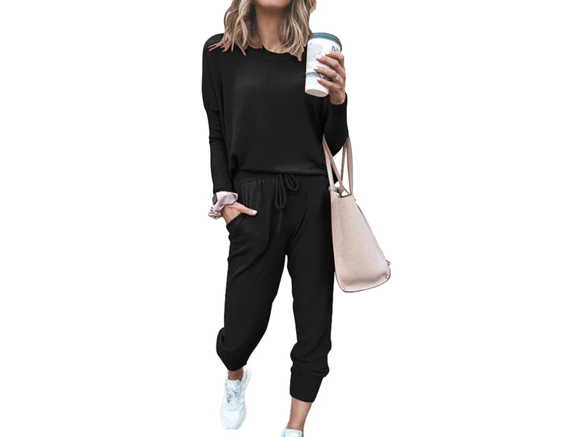 Women's Ladies Solid Casual Crew Neck Long Sleeve T-Shirt Top and Pants Loungewear Outfit Set - Black