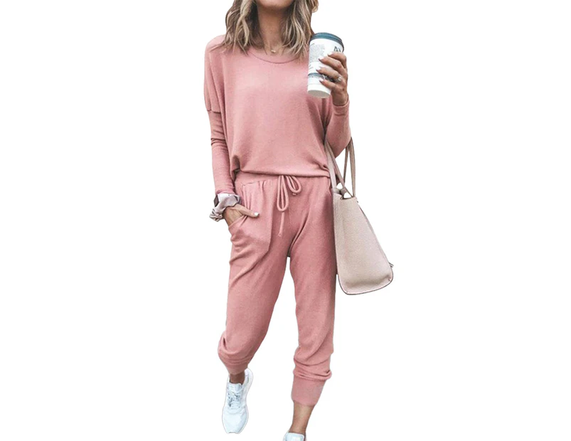 Women's Ladies Solid Casual Crew Neck Long Sleeve T-Shirt Top and Pants Loungewear Outfit Set - Pink