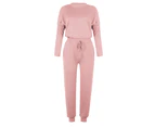 Women's Ladies Solid Casual Crew Neck Long Sleeve T-Shirt Top and Pants Loungewear Outfit Set - Pink