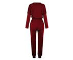 Ladies Women Casual Long Sleeve T-Shirts Blouses Tops with Pants Loungewear Outfits Set Tracksuit Sportswear - Wine Red