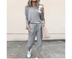 Ladies Women Casual Long Sleeve T-Shirts Blouses Tops with Pants Loungewear Outfits Set Tracksuit Sportswear - Light Gray
