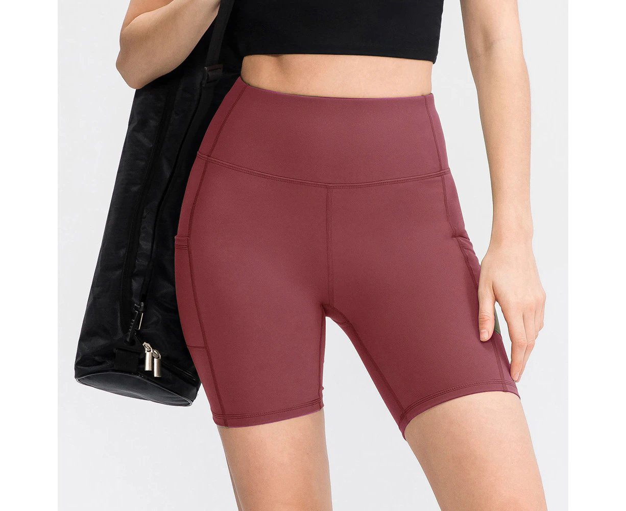 Women's High Waisted Yoga Shorts Stretchy Tummy Control Sports Shorts Butt Lift Booty Workout Shorts - Wine Red