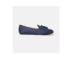 Blue Silk and Cotton Tassel Loafers with Moccasin Stitching - Blue