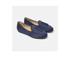 Blue Silk and Cotton Tassel Loafers with Moccasin Stitching - Blue