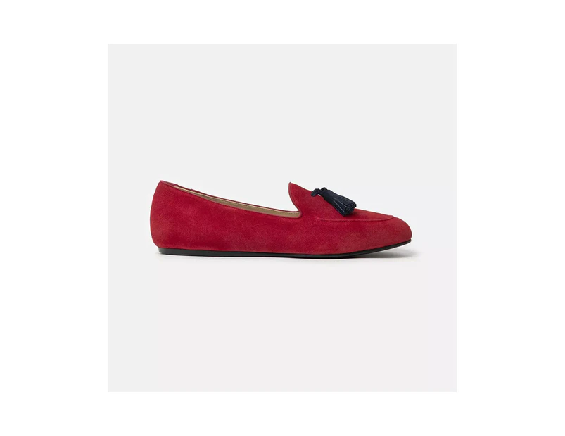 Luxury Suede Moccasins with Hand-sewn Tassel and Rubber Sole - Red