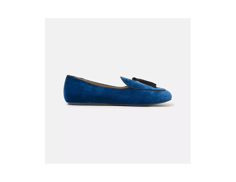 Handmade Dark Blue Silk Fabric Loafers with Tassel - Blue