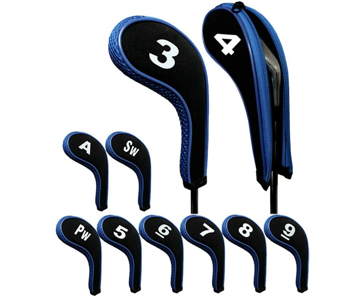 10 x BLUE ZIPPER GOLF IRON COVER HEAD COVERS