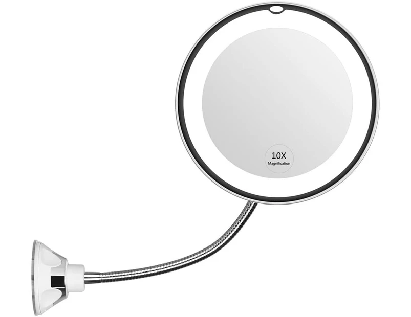 Flexible Gooseneck 17,5 cm LED Makeup Mirror, 10x Magnification, Suction Cup, 360° Swivel, Battery/Cordless, Travel