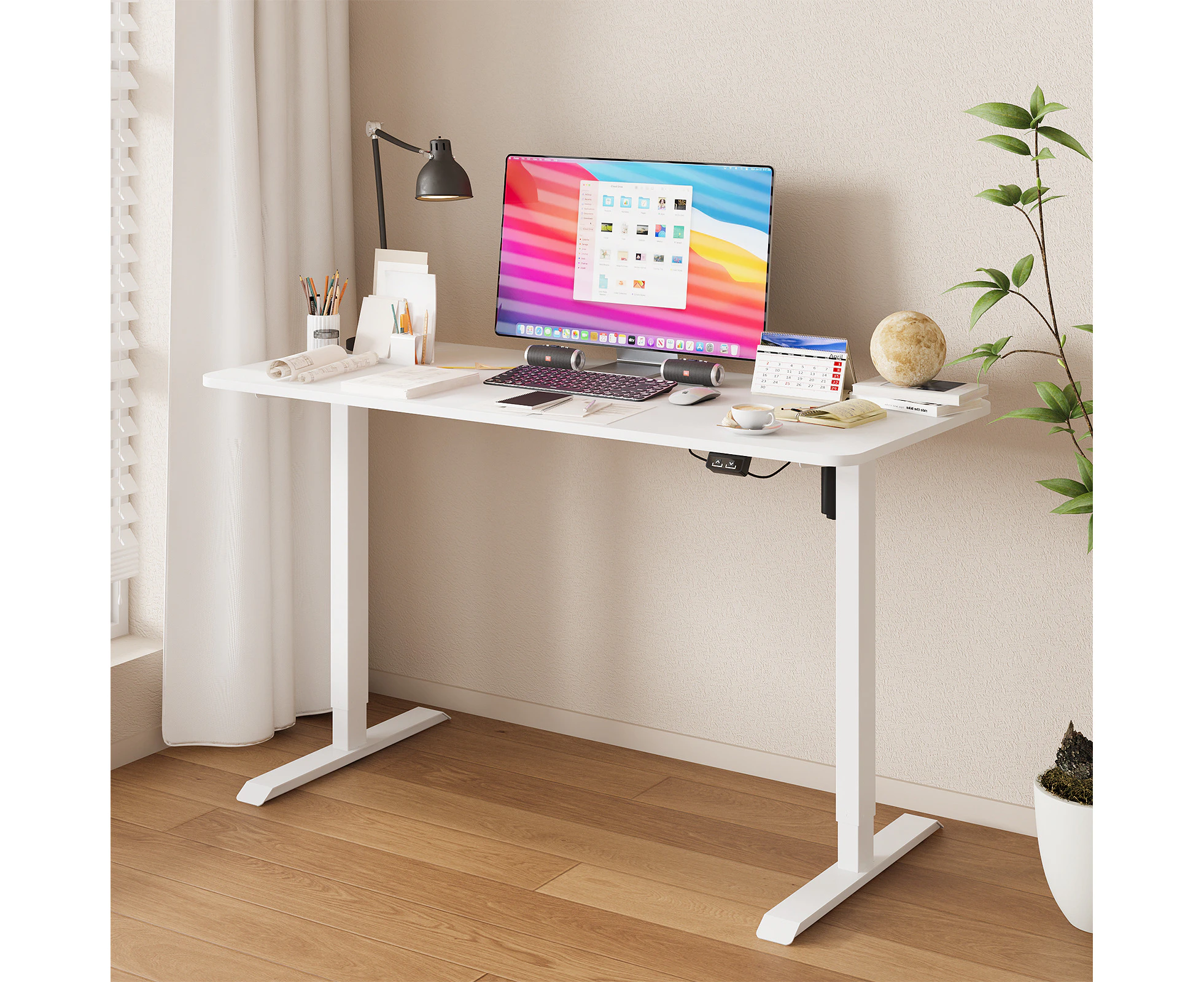 Advwin Electric Standing Desk Adjustable Height Ergonomic Sit Stand up Desk 120cm White Splice Board Table Top+White Frame