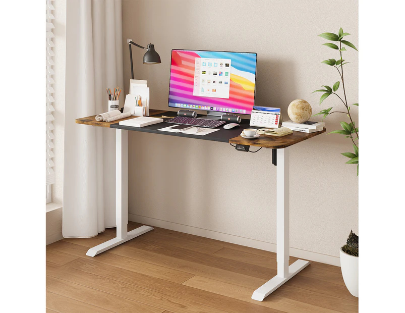 Advwin Electric Standing Desk Adjustable Height Ergonomic Sit Stand up Desk 140cm Black+Walnut Splice Board Table Top+White Frame