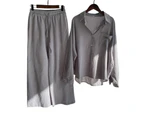 Women Loungewear Solid Buttons Shirts Tops Trousers Two Piece Set Casual Outfit - Grey