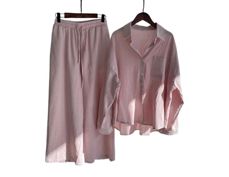 Women Loungewear Solid Buttons Shirts Tops Trousers Two Piece Set Casual Outfit - Pink