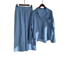 Women Loungewear Solid Buttons Shirts Tops Trousers Two Piece Set Casual Outfit - Blue
