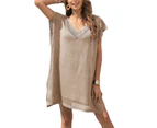 Womens Joint Beach Cover with Hollow V Neck - Khaki