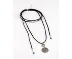 Antique Silver Multi Disc Suede Cord Layered Necklace