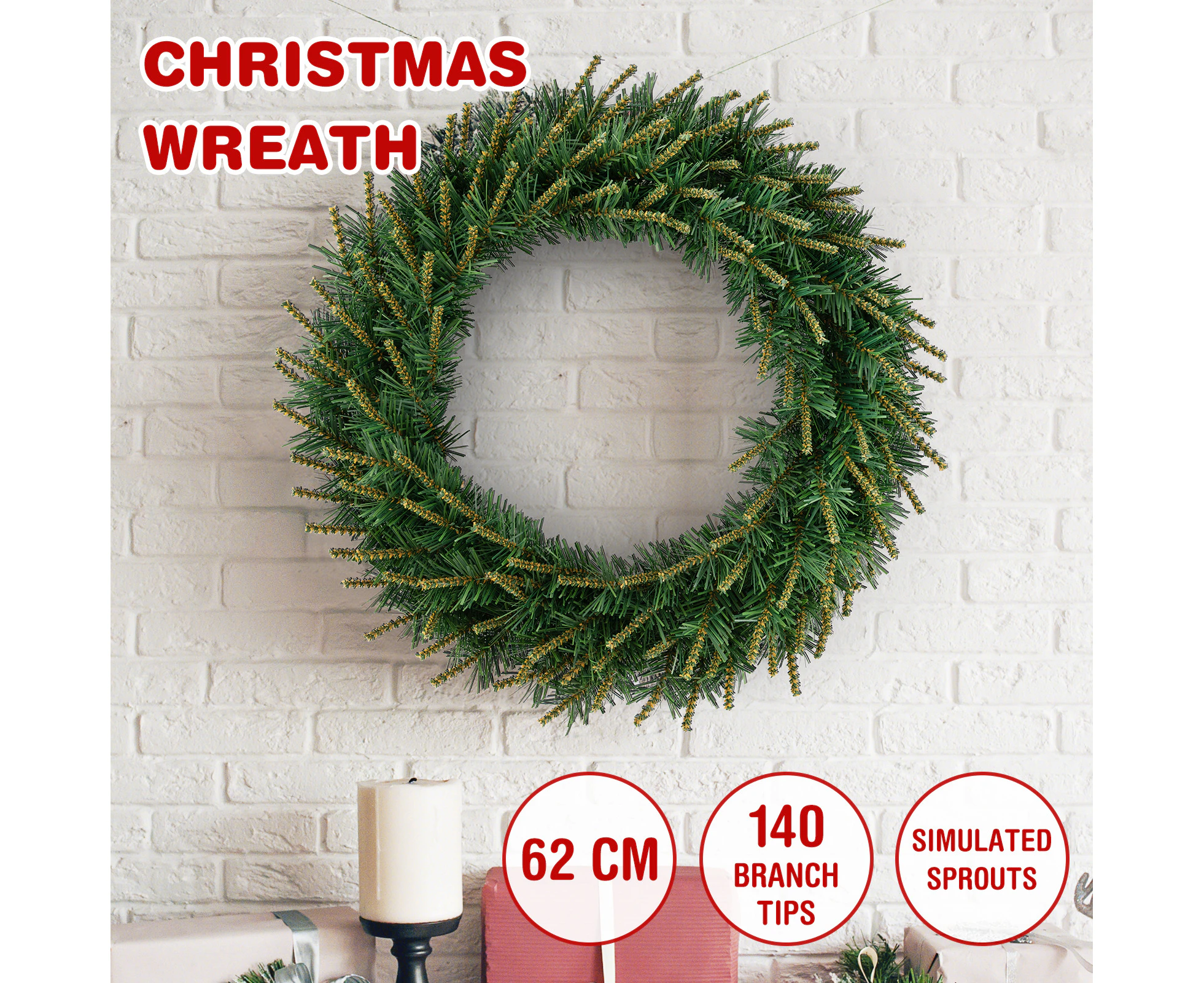 Costway 62cm Christmas Wreath w/Stimulated Sprouts Xmas Decor Door Ornament Hanging Decoration Green