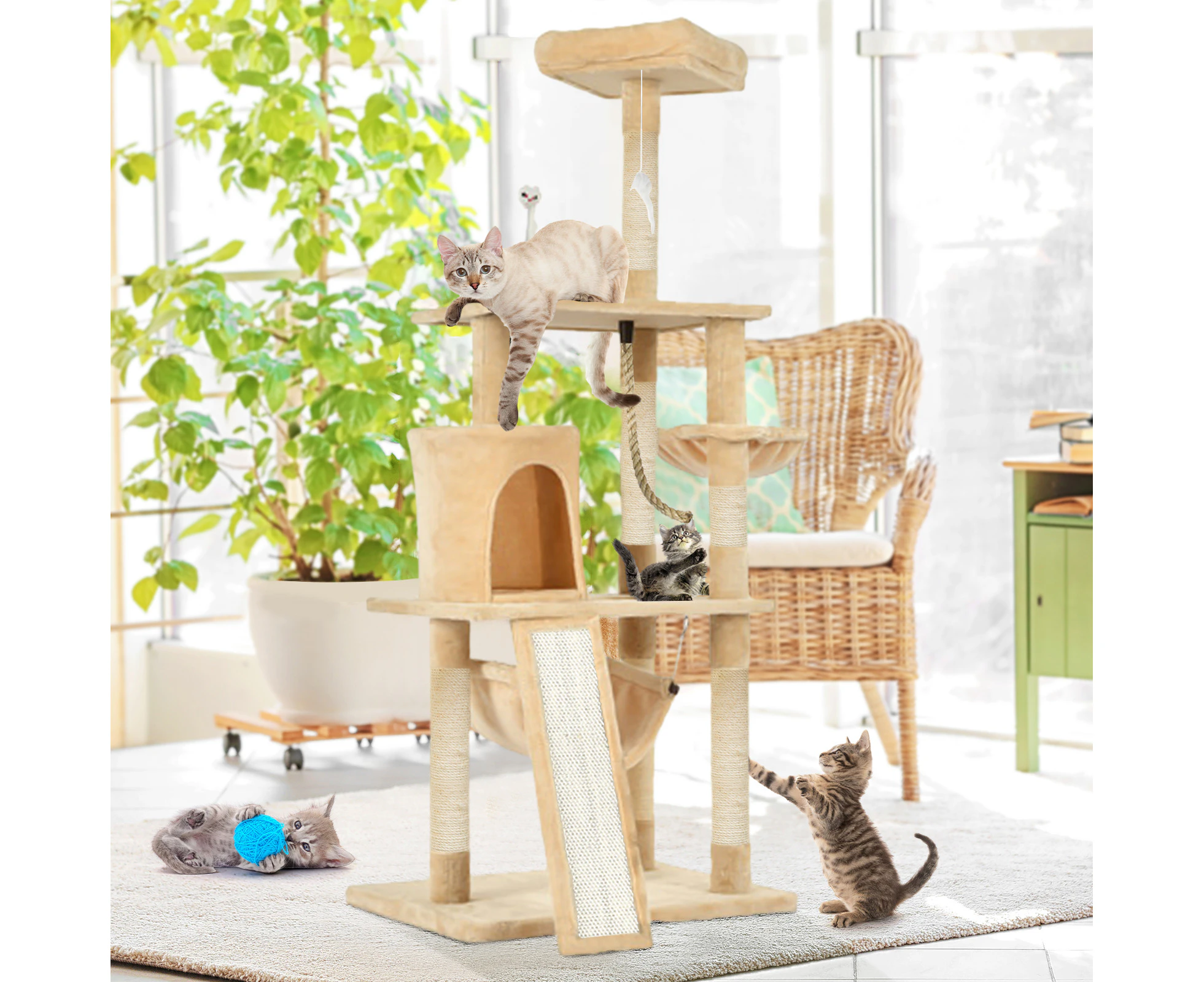 Advwin Cat Tree 157cm Multi-Level Stand House Furniture Kittens Activity Tower with Scratching Posts and Ladder, Kitty Pet Play and Sleeping House, Beige