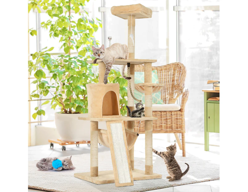 Advwin Cat Tree 157cm Multi-Level Stand House Furniture Kittens Activity Tower with Scratching Posts and Ladder, Kitty Pet Play and Sleeping House, Beige