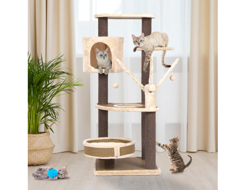 Advwin 110CM Cat Tree Scratching Post Tower Condo Toy Multi-Level House Rattan Wood - Beige