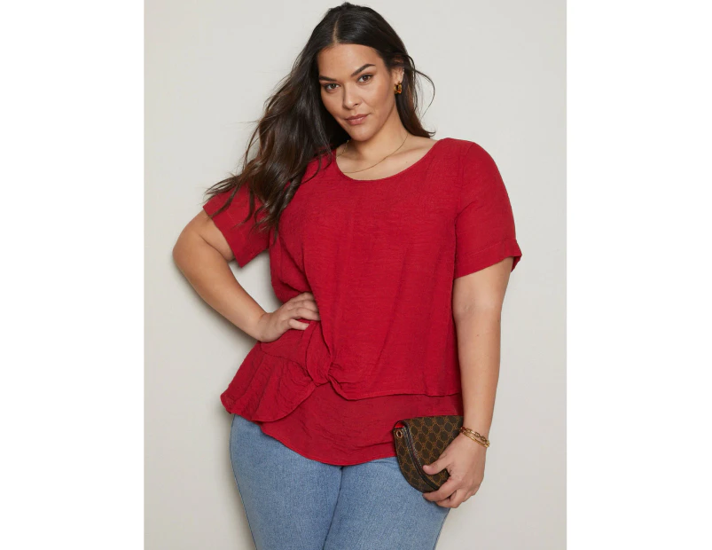 AUTOGRAPH - Plus Size - Womens -  Short Sleeve Knot Front Top - Dark Red