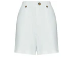 KATIES - Womens White Shorts - Summer - Linen - Mid Thigh - High Waist - Chino - Bermuda - Chino - Button Trim - Comfort Fashion - Casual Work Wear - White