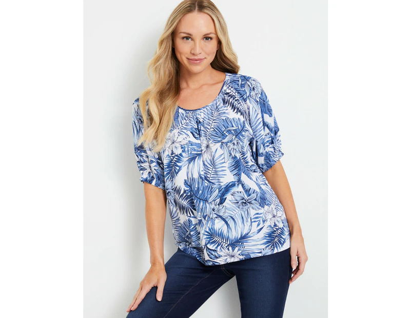 RIVERS - Womens -  Short Sleeve Linen Look Gather Neck Top - Tonal Blue Hibiscus