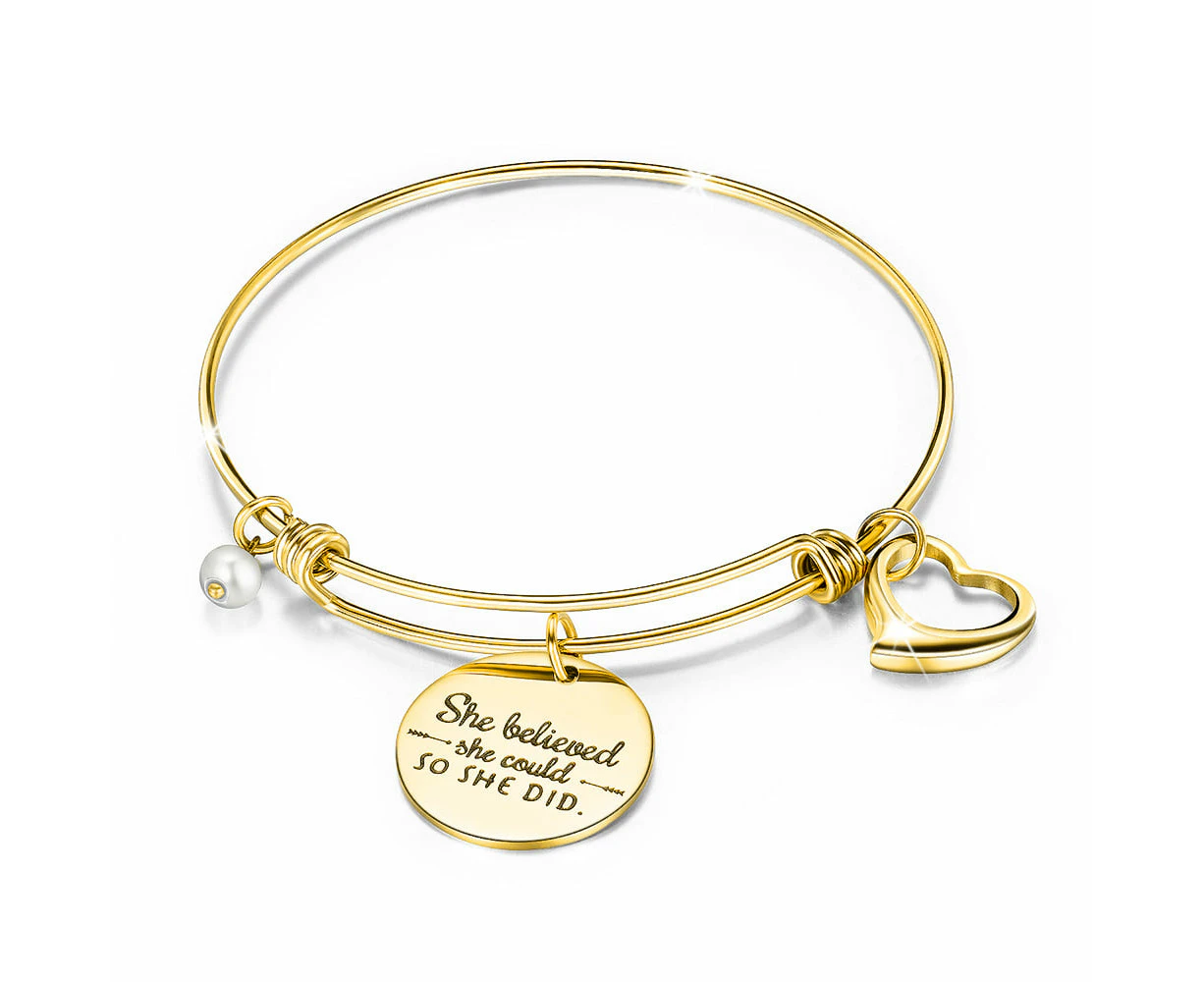 She Believed She Could Heart Charm Gold Layered Tubular Adjustable Inspirational Bangle