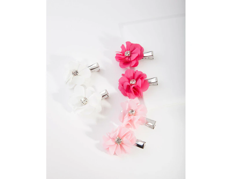 Kids Fabric Diamante Flower Pink Clip 6-Pack
