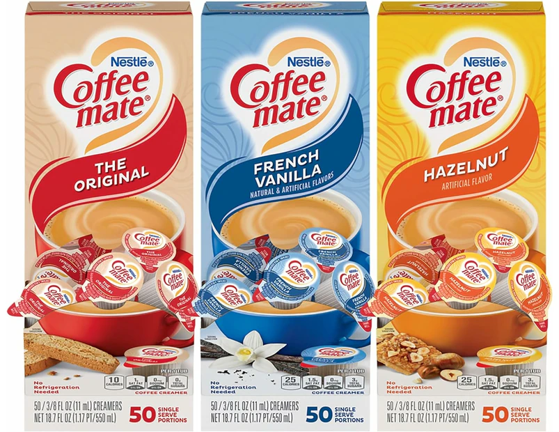Nestle Coffee-mate Creamer Variety Pack: Original, French Vanilla, Hazelnut; Liquid Singles, 150 Count (3 Packs of 50)