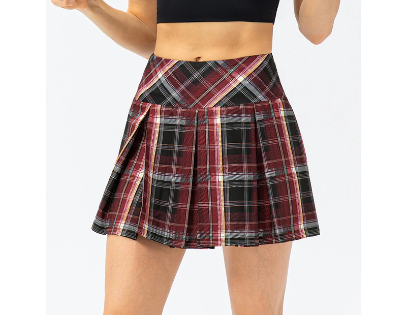 Women 2 in 1 Pleated Tennis Skirt with Leggings and Pockets Multi Check Dance Skorts Athletic Running Skorts - Red