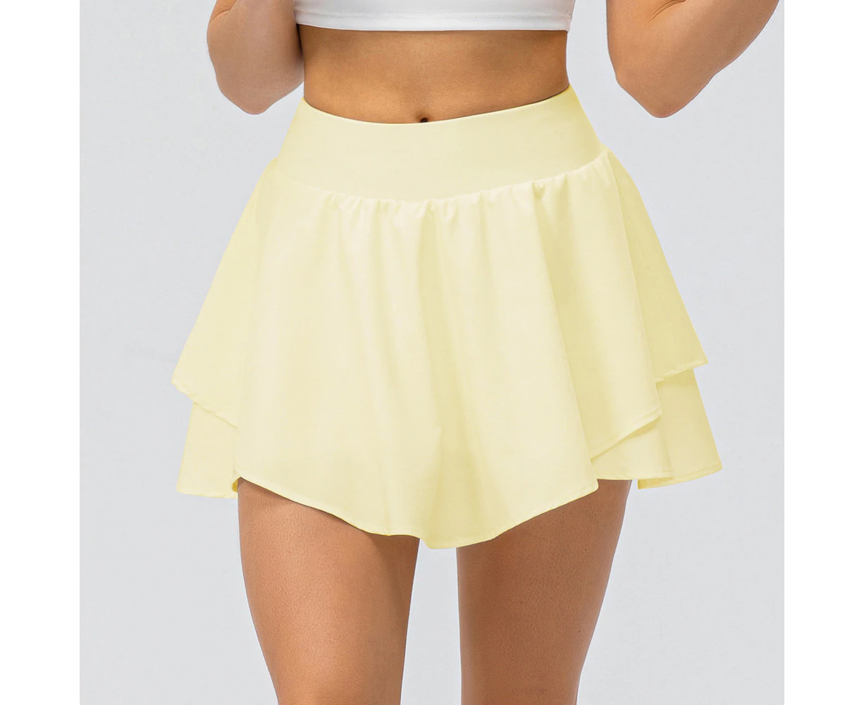 Women 2 in 1 Tennis Skirt with Leggings and Pockets Flowy Yoga Skorts Athletic Running Skorts - Light Yellow