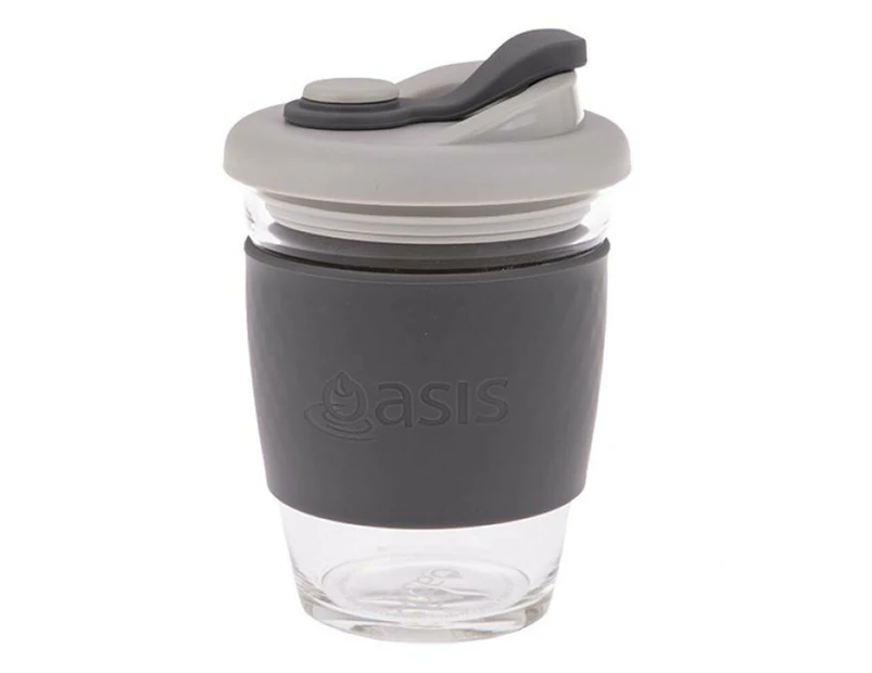 Oasis 340ml Travel Glass Mug Drinking Eco Cup w/ Insulator Sleeve/Lid Charcoal
