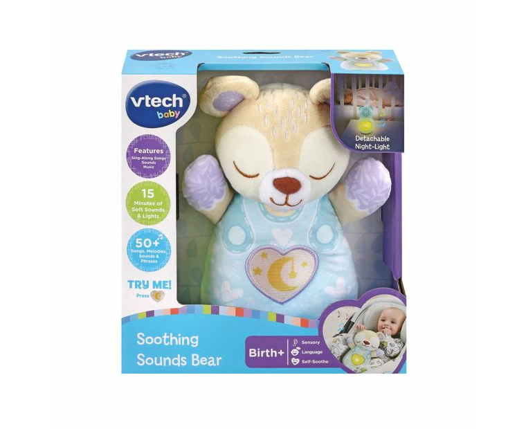 VTech Soothing Sounds Bear Kids Plush Toy Music/Glow Cuddle Animal Blue 0m+