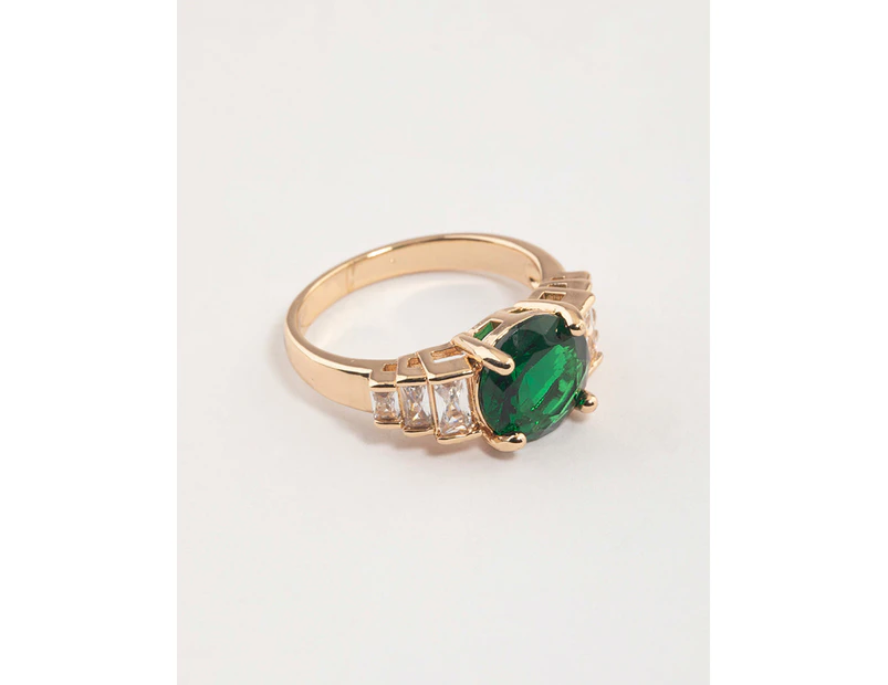 Gold & Emerald Green Round Baguette Ring