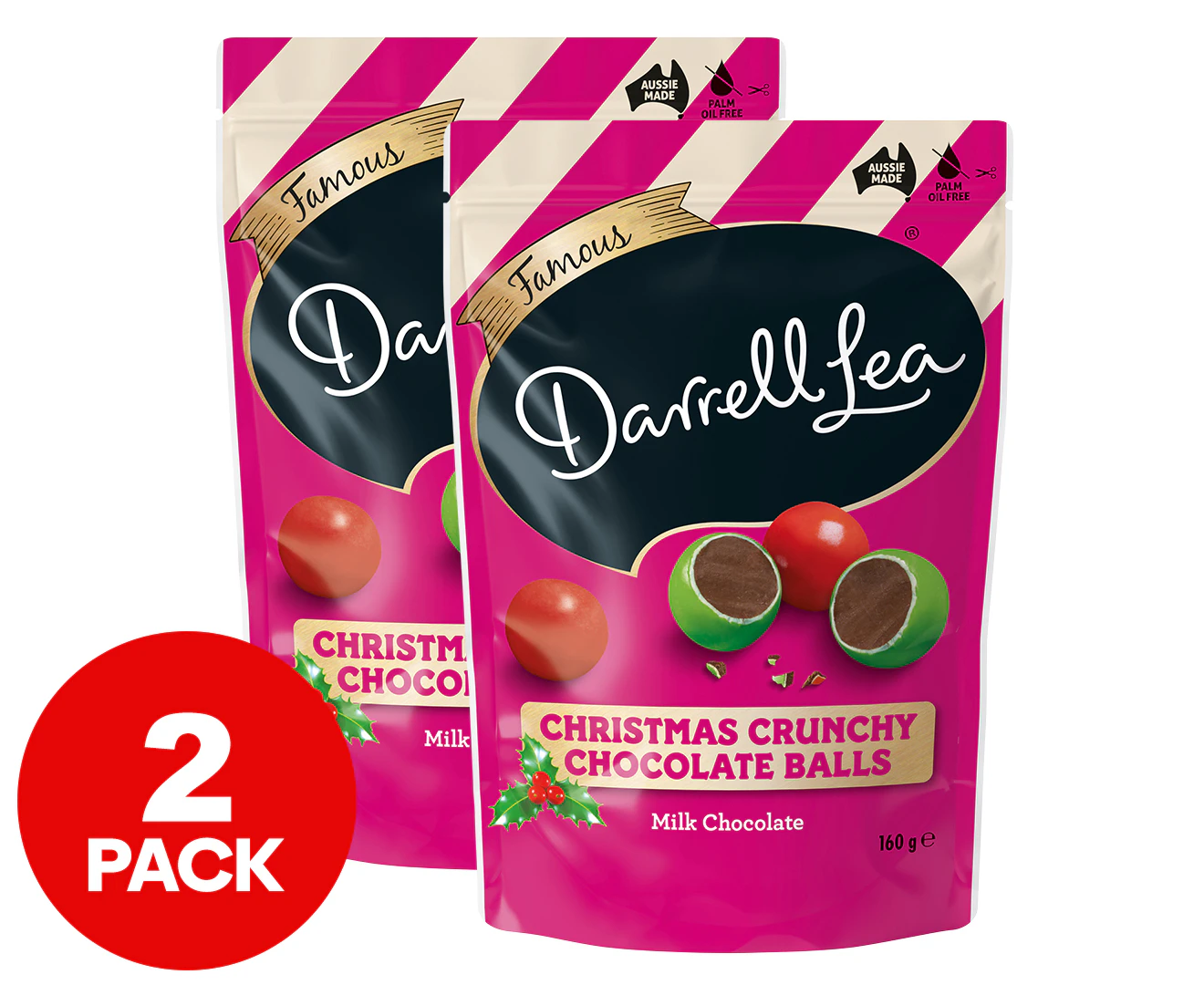 2 x Darrell Lea Christmas Crunchy Balls Milk Chocolate 160g