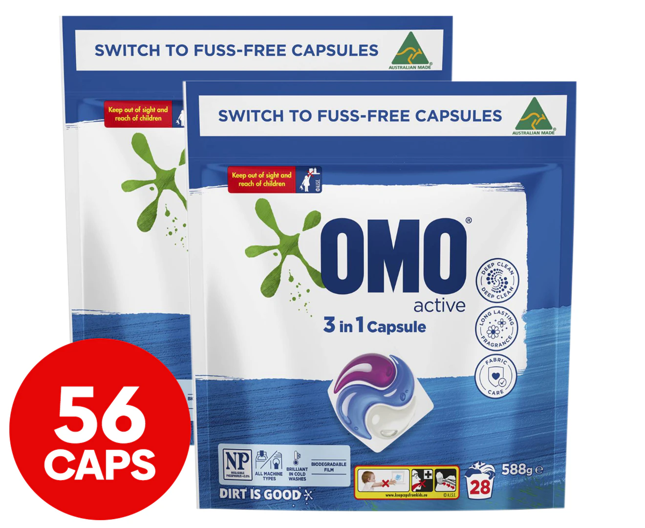 2 x 28pk OMO Active 3-in-1 Laundry Capsules