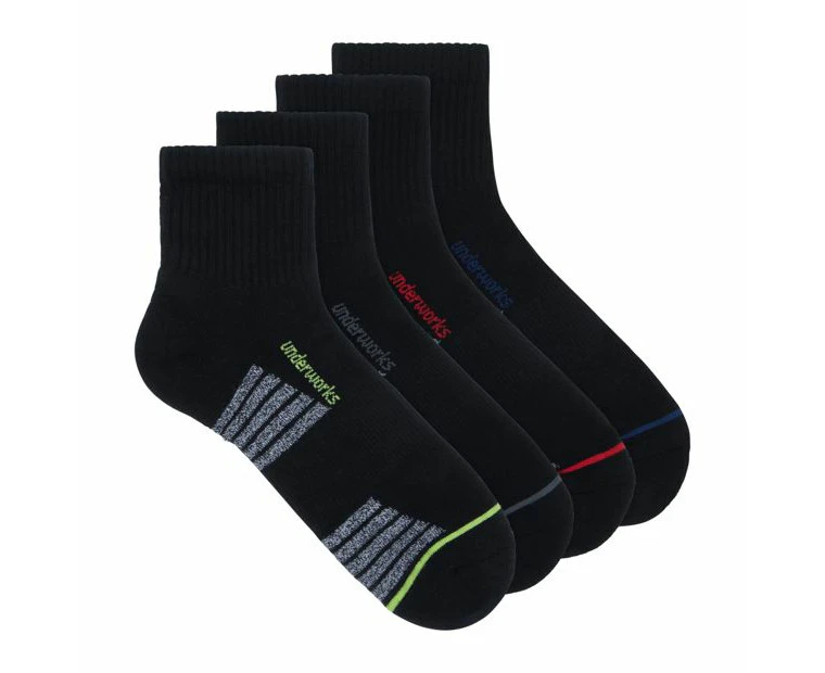 Underworks Mens 4 Pack Sport Quarter Crew Sock - Black - Black