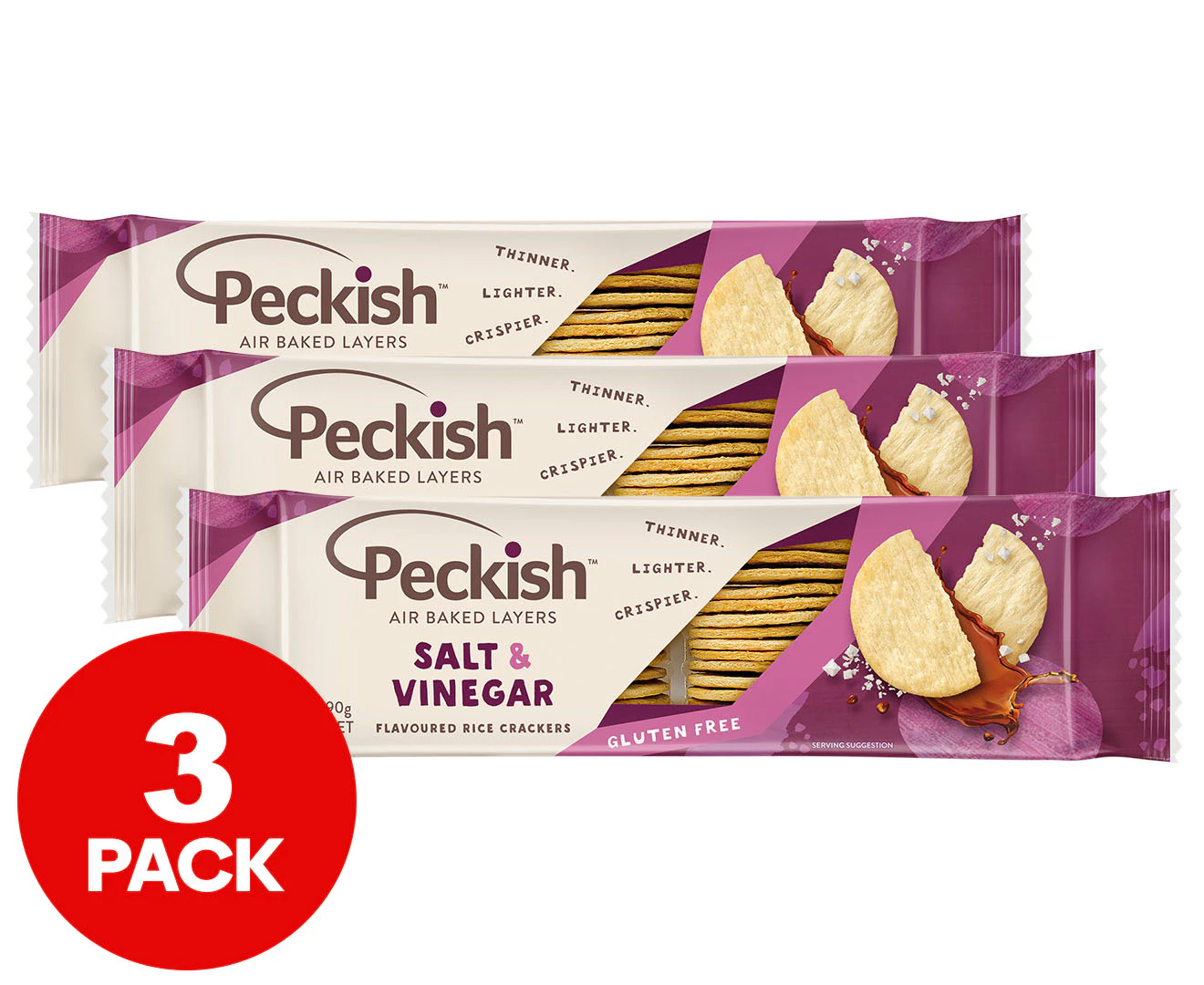 3 x Peckish Rice Crackers Salt & Vinegar 90g