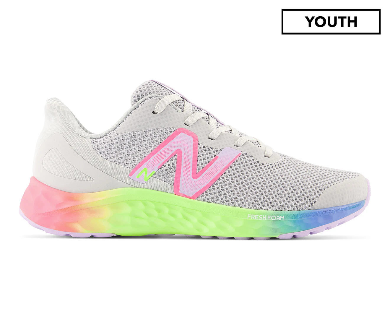 New Balance Youth Girls' Fresh Foam Arishi v4 Running Shoes - Light Aluminium/Cyber Lilac/Neon Pink