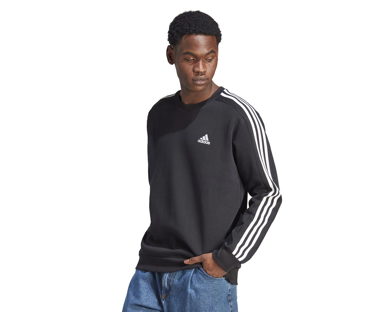 Adidas Men's Essentials 3-Stripes Fleece Crew Sweatshirt - Black/White