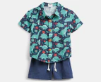 Gem Look Baby Boys' 2-Piece Christmas Dino Woven Shirt & Shorts Set - Navy