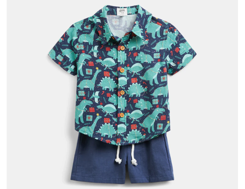 Gem Look Baby Boys' 2-Piece Christmas Dino Woven Shirt & Shorts Set - Navy