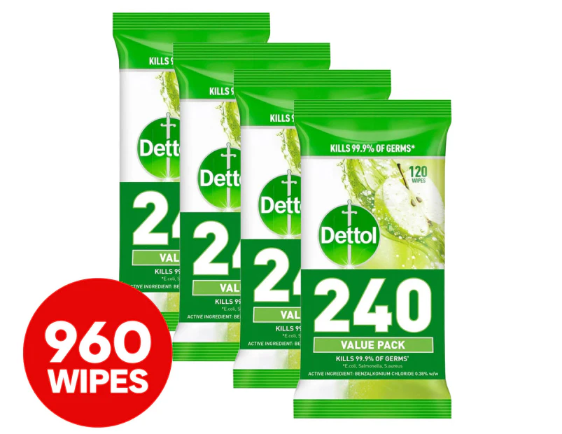 4 x 240pk Dettol Antibacterial Disinfectant Wipes Crisp Apple